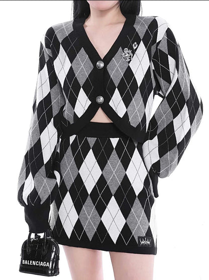 Spicy Retro Loose Slim Argyle Knit Suit Set