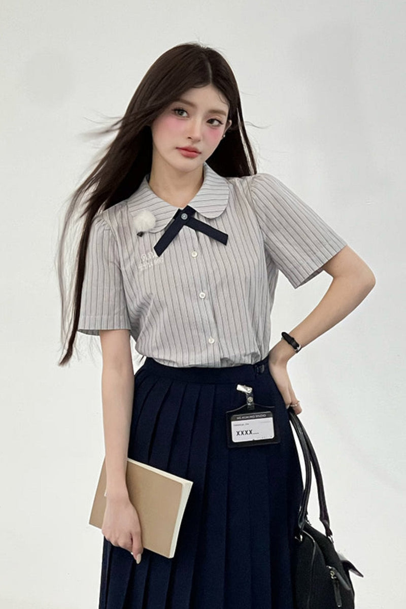 Flower Bell Tie Short Sleeve Shirt + Short Skirt + Long Skirt