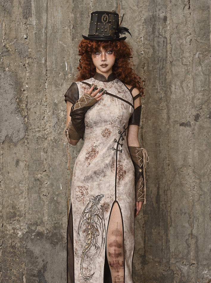 Retro Punk Strap Dragon Embroidery Chinese-style Slit Dress