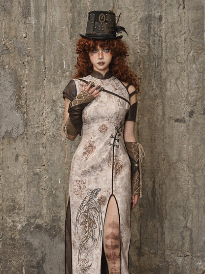 Retro Punk Strap Dragon Embroidery Chinese-style Slit Dress