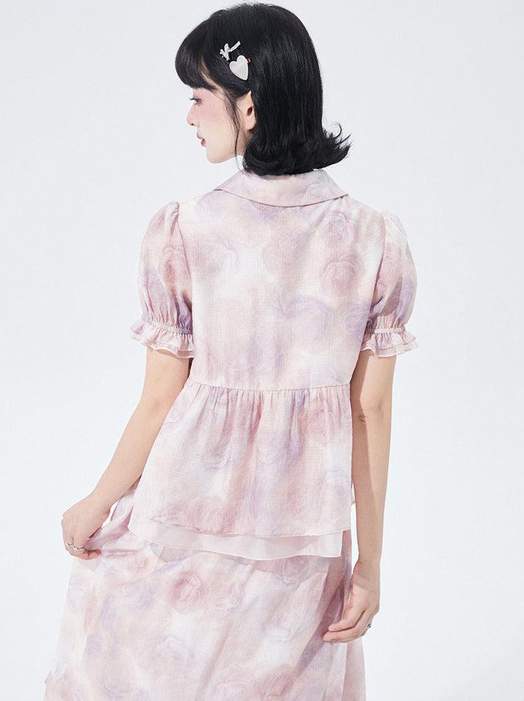 Chinese-style Rose Print Puff Sleeve Ruffle Shirt Skirt Two Piece Set