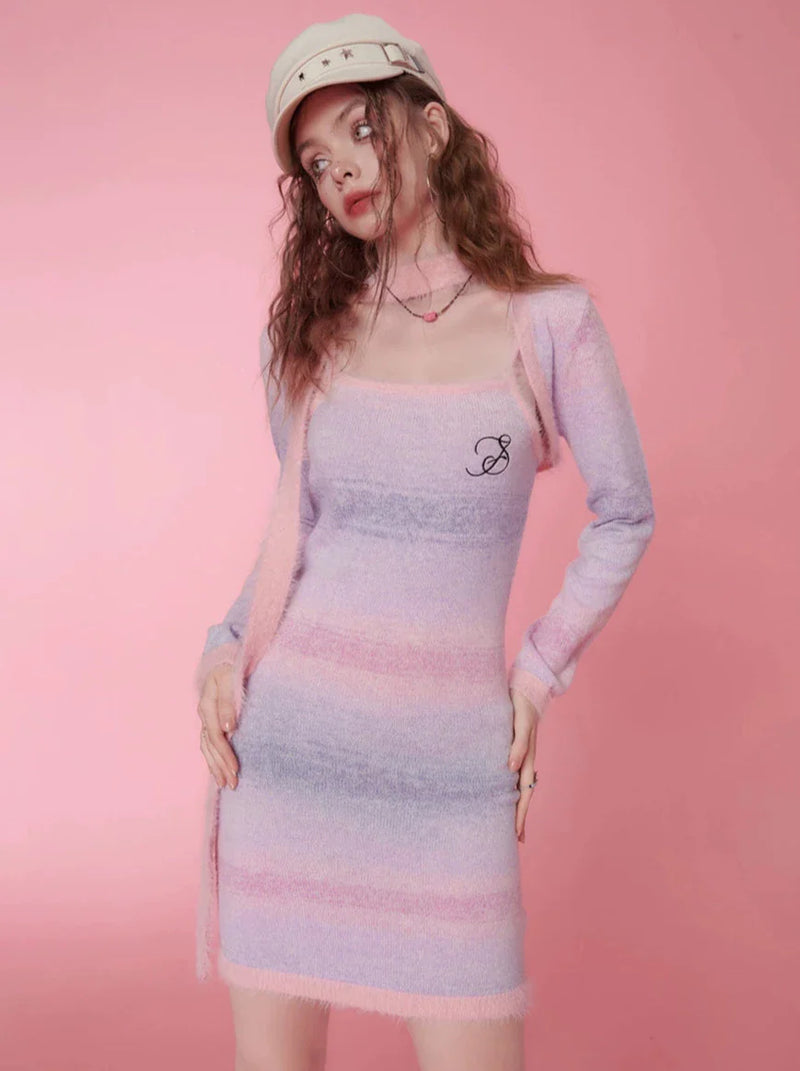 Gradient Striped Knit Dress + Bow Tie Knit Short Cardigan