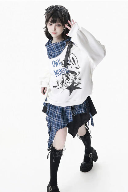 Off-shoulder Sweatshirt Top + Asymmetric Skirt + Long Pants