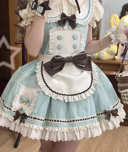 [pre-order Item]chocolate Mint Sailor Collar Girly Maid Dress + Cake Hat