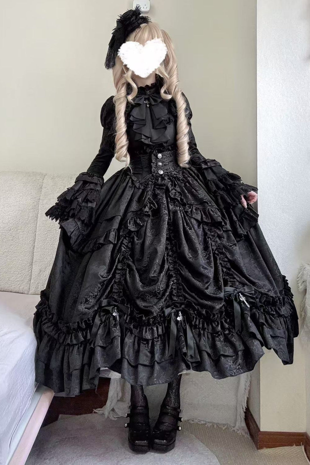 [pre-order Deadline: March 31] Cross Nocturne Gothic Dark Stripe Layered Top + Cross Rose Stripe Pull Up Skirt