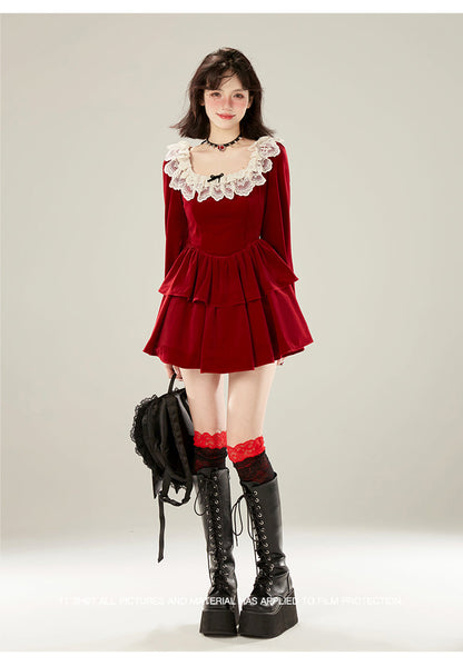 Red Lace Collar Velvet Dress