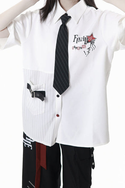 Contrast Shirt + Checkered Skirt + Black Skirt + Wide Pants + Tie