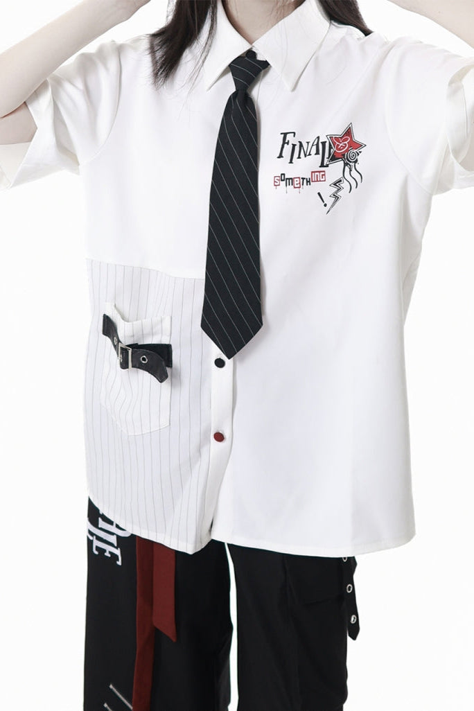 Contrast Shirt + Checkered Skirt + Black Skirt + Wide Pants + Tie