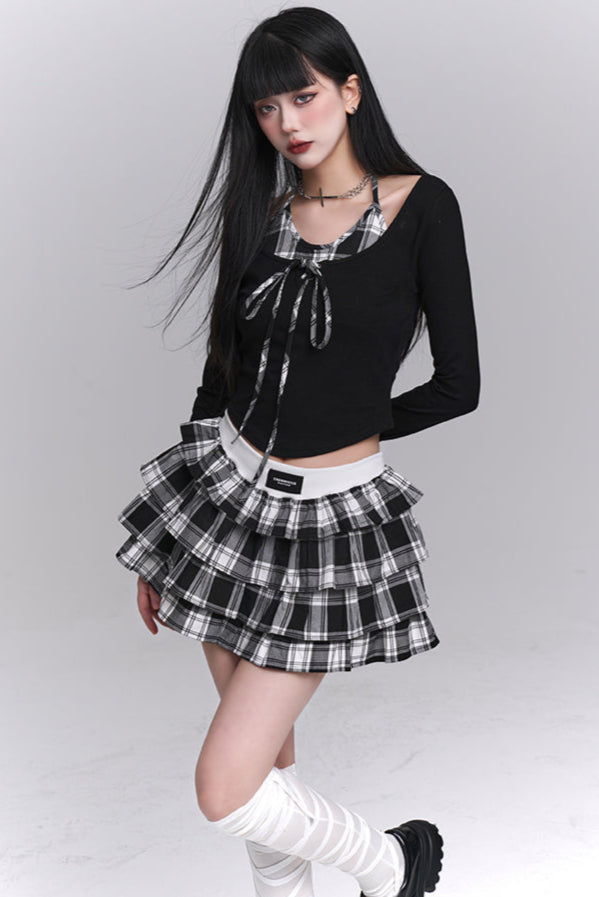 Plaid Top + Short Puff Skirt