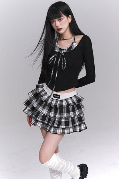 Plaid Top + Short Puff Skirt