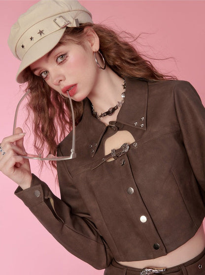 Leather Short Jacket + Leather Pleated Skirt
