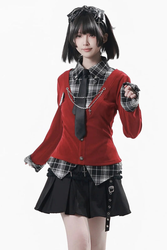 Checkered Top + Skirt + Tie