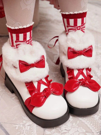 Snow Lolita Mid-heel Color Block Ribbon Sweet Velvet Short Boots