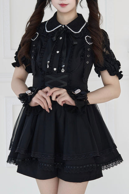 [pre-order] Spray Sheer Lace Sleeve Ribbon Shirt + Strap Bustier Dress