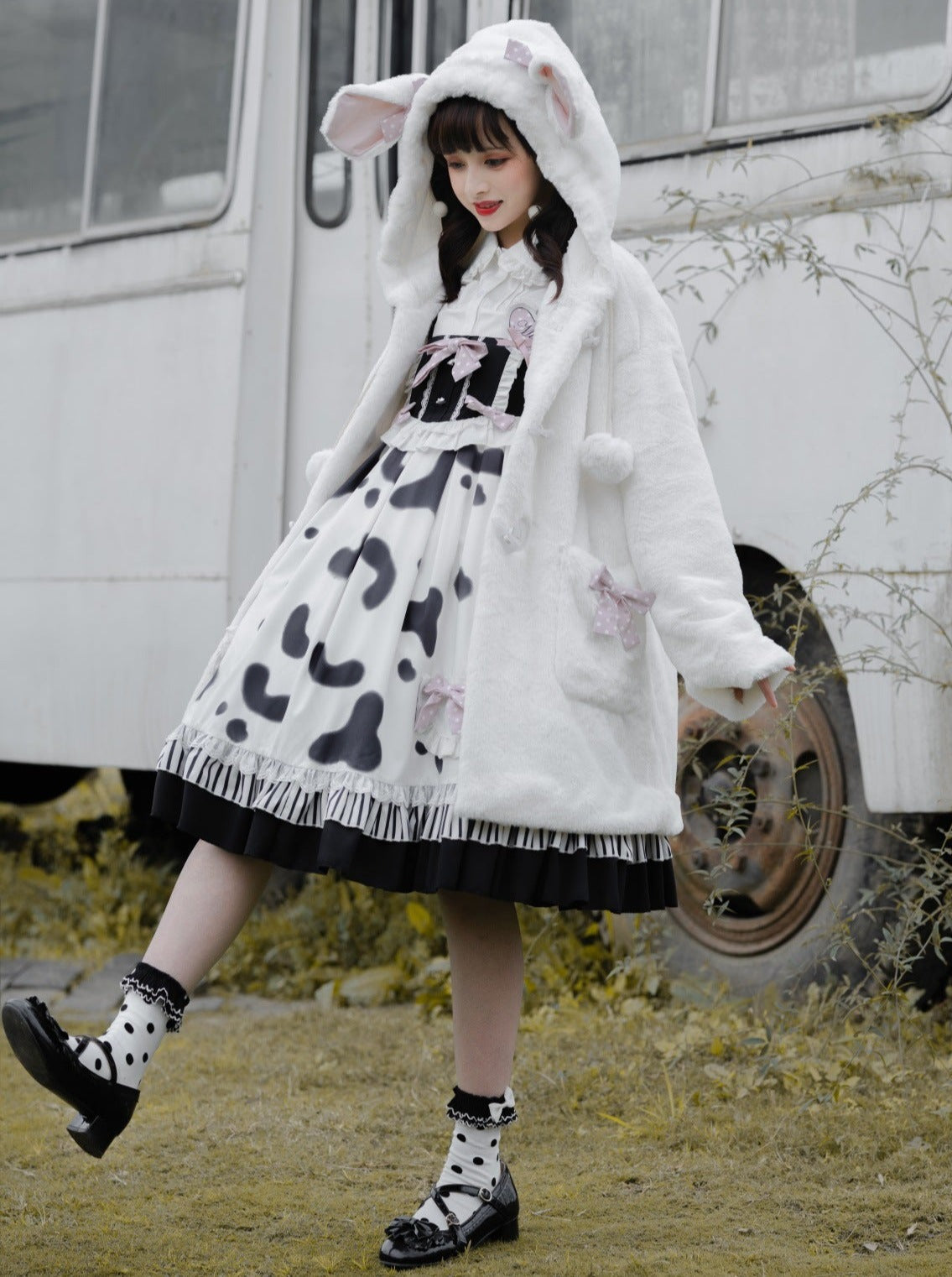 Fur Coat + Cow Suspender Skirt + Blouse