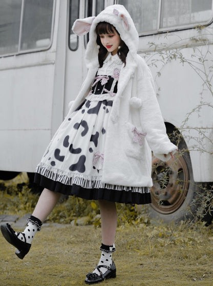 Fur Coat + Cow Suspender Skirt + Blouse