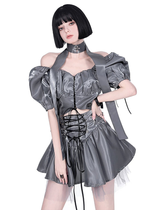 Cyberpunk Glitter Set Cross Neck Stole + Puff Sleeve Short Top + Lace Up Tulle Skirt