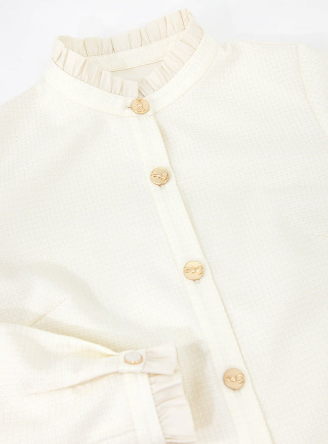 Ruffle Blouse + Tight Skirt + Tweed Ribbon Jacket
