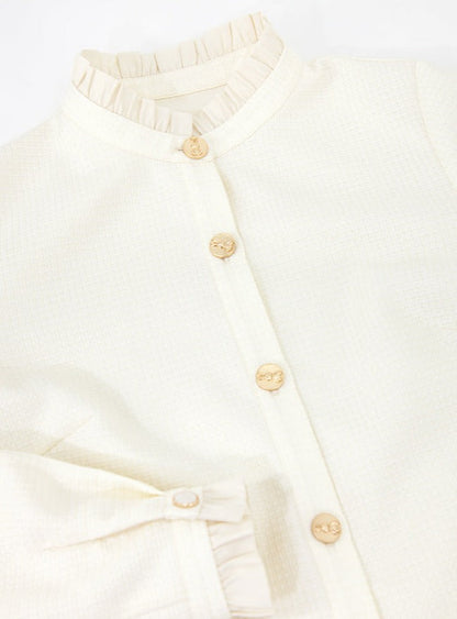Ruffle Blouse + Tight Skirt + Tweed Ribbon Jacket