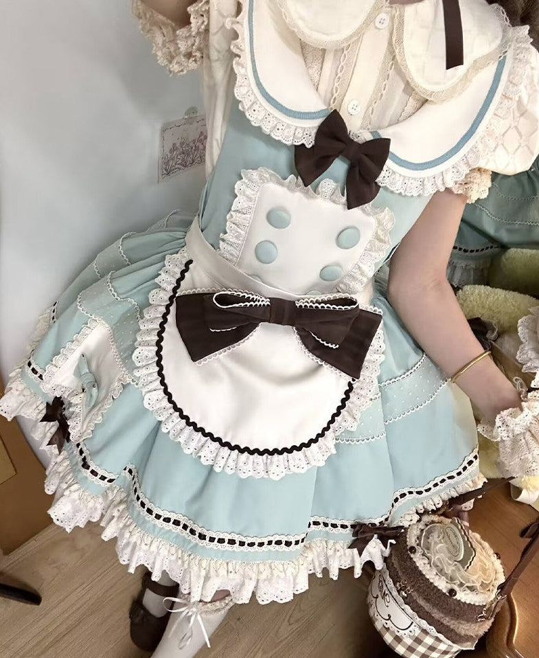 [pre-order Item]chocolate Mint Sailor Collar Girly Maid Dress + Cake Hat