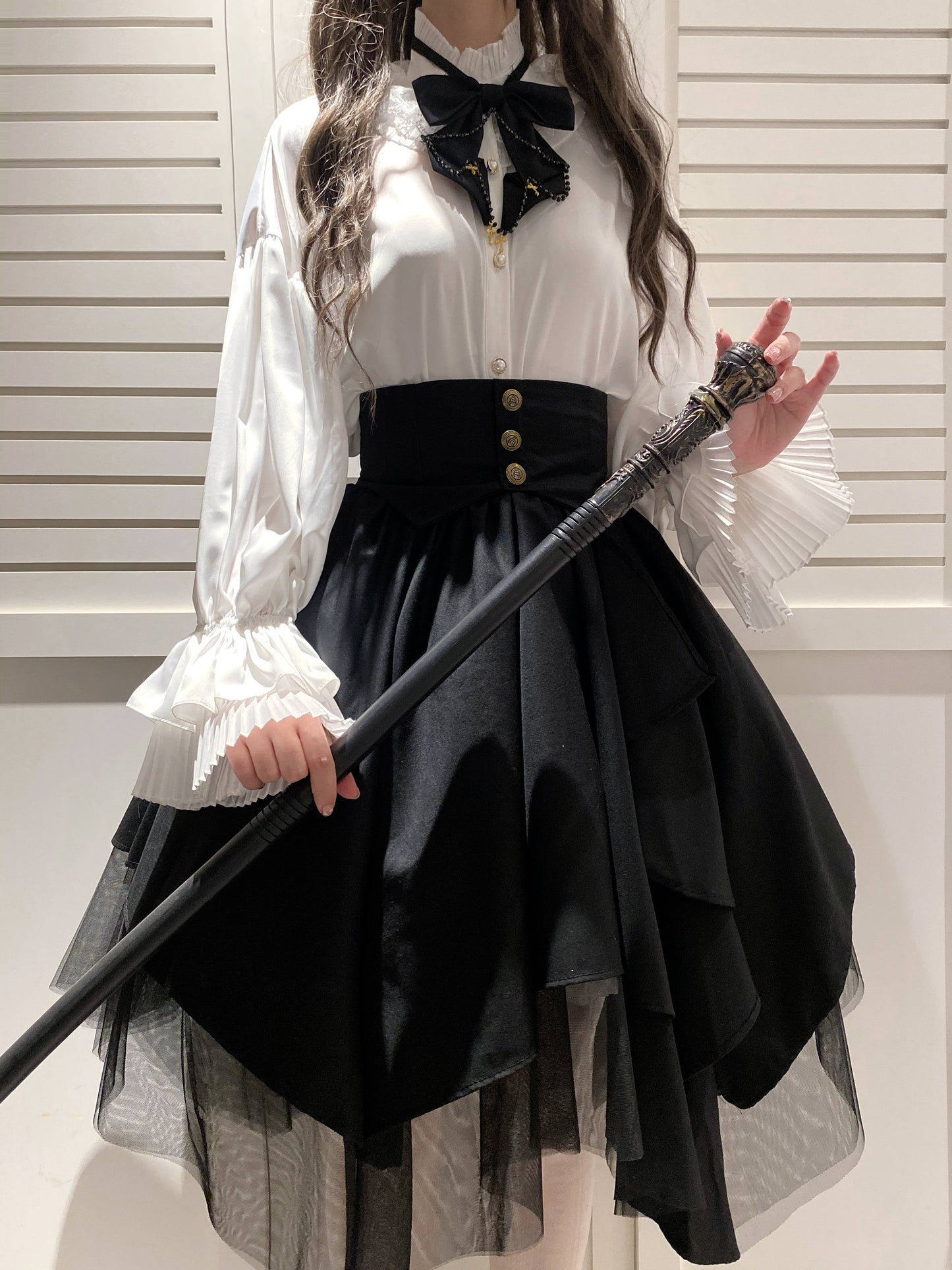Retro Gothic Style Ribbon Tie Shirt + Irregular Tulle Skirt Suit