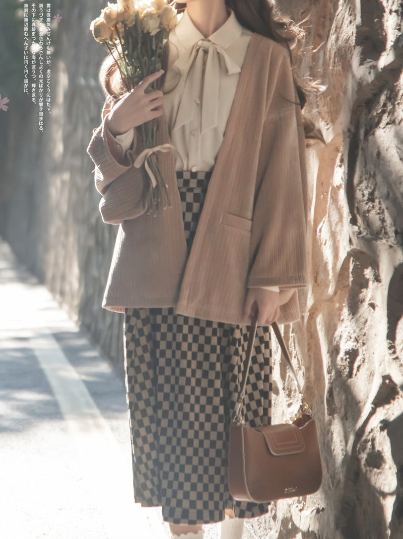 Sakura Note Showa Retro Haori Jacket + Chiffon Ribbon Shirt + Checkered Skirt + Dark Gray Skirt + Brooch
