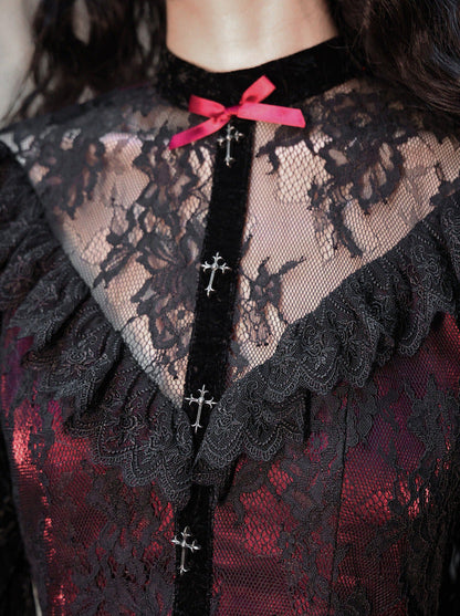 Rose Cemetery Gothic Dark Red Velvet Puff Sleeve Lace Dress