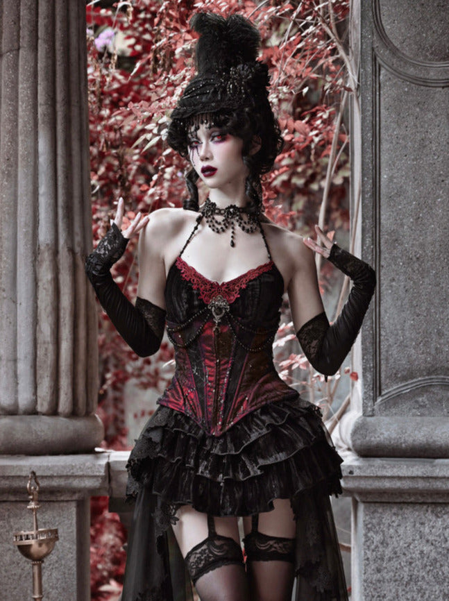 Duchess Gothic Velvet Long Tail Belt Suspender Tulle Dress Suit