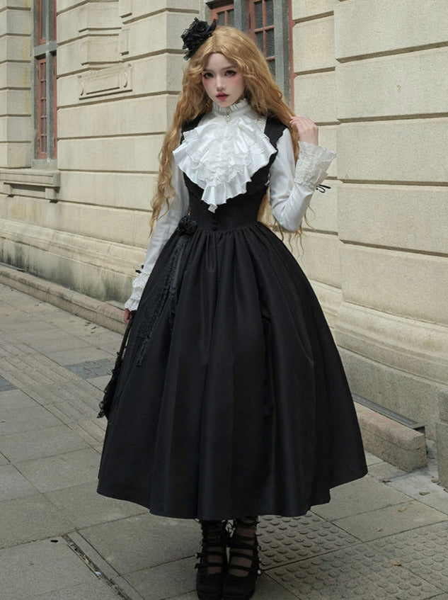 Night Traveler Classic Black Gothic Lace Jacket Dress + Ruffle White Blouse and Black Dress