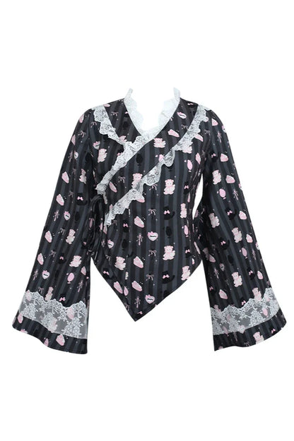Japanese Style Top + Cape + Ribbon Girdle + Tiered Skirt