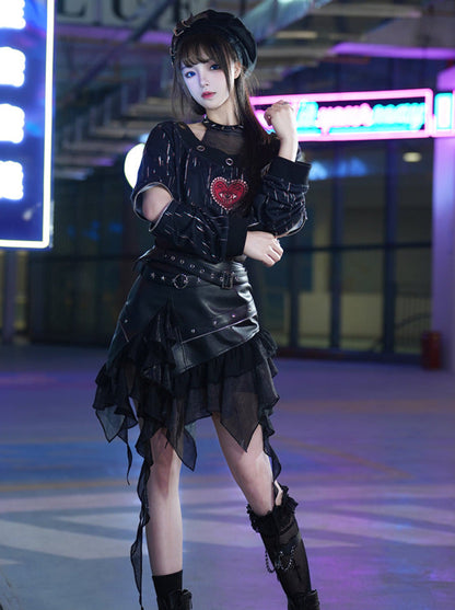 Punk Dark Heart Short Sweatshirt + Inner Top + Skirt + Hat + Necklace