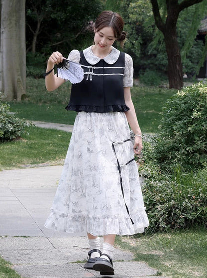 Doll Collar Sheer Puff Sleeve Print Chinese-style Top & Asymmetric Skirt Set