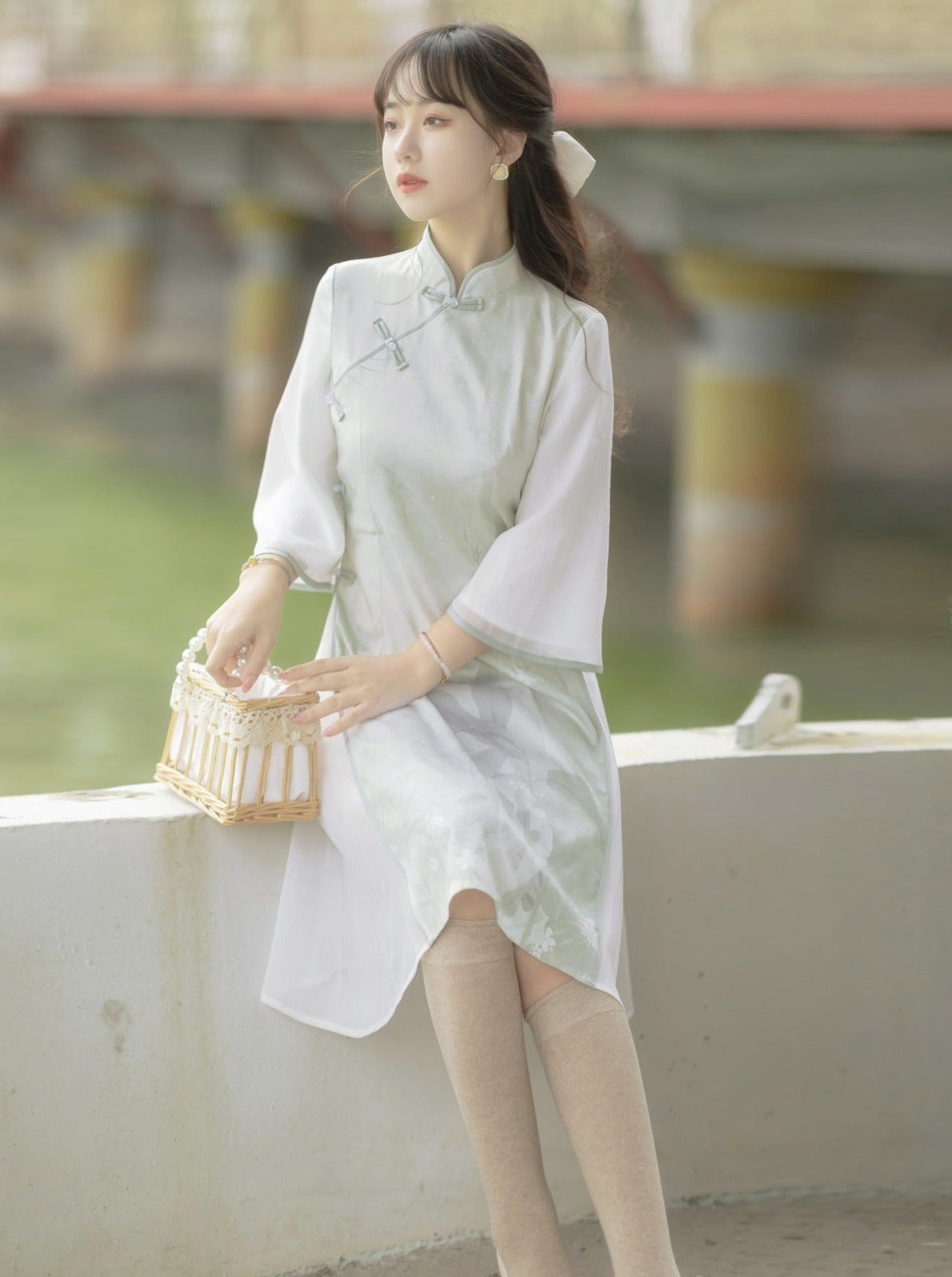 Retro Chinese-style Dress + Ribbon Short Fur Coat