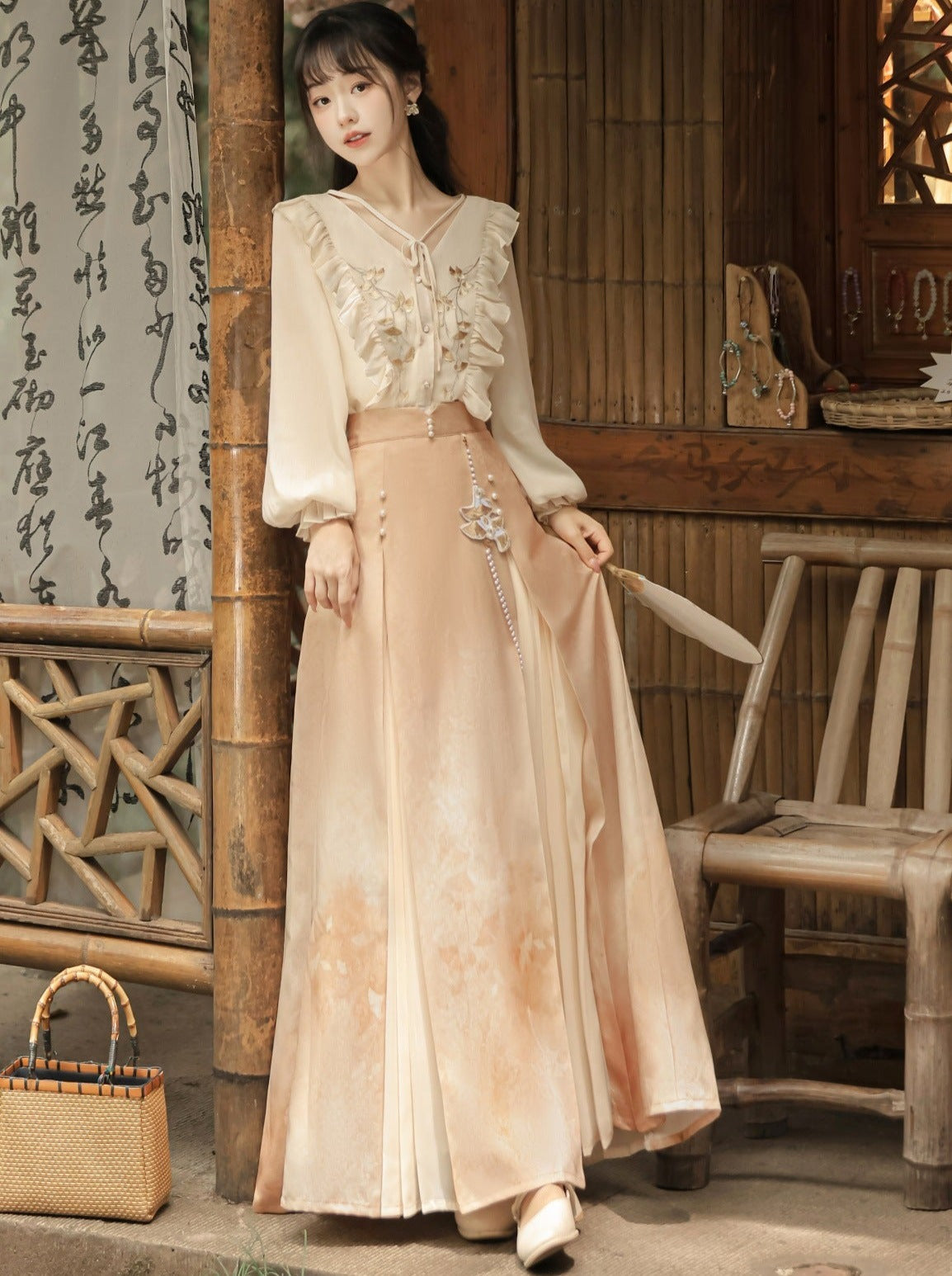 Chinese-style Lace Ruffled Blouse + Pleated Slit Long Skirt
