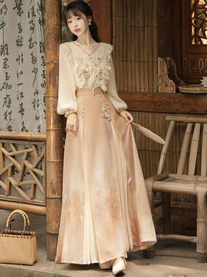 Chinese-style Lace Ruffled Blouse + Pleated Slit Long Skirt
