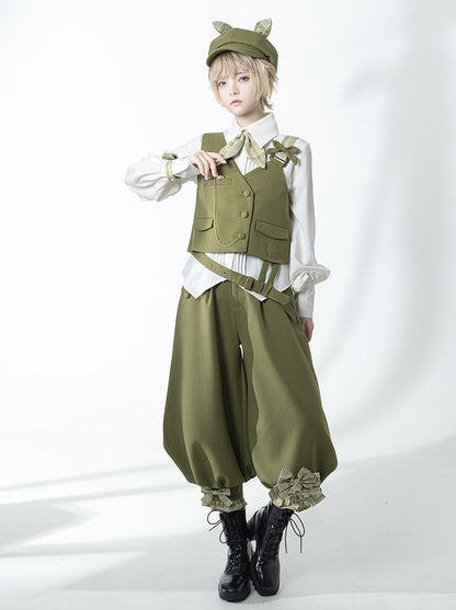 Secret Morning Post Green Tea Color Retro Sweet Cool Vest Shirt Cropped Pants