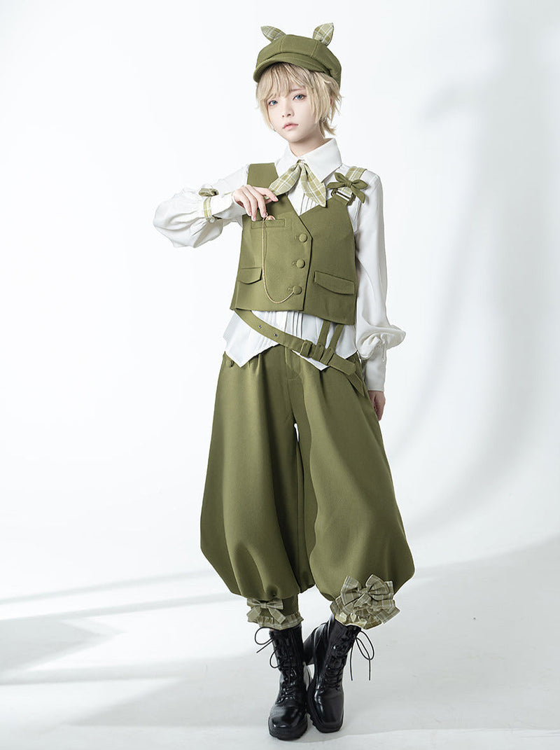 Secret Morning Post Green Tea Color Retro Sweet Cool Vest Shirt Cropped Pants