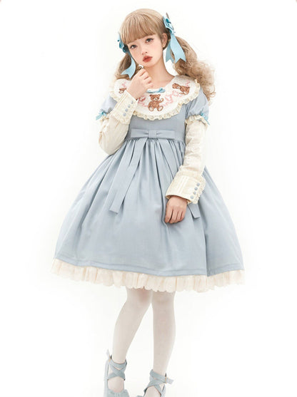 [pre-order] Lolita Teddy Bear Flap Lace Puff Sleeve Ribbon Dress