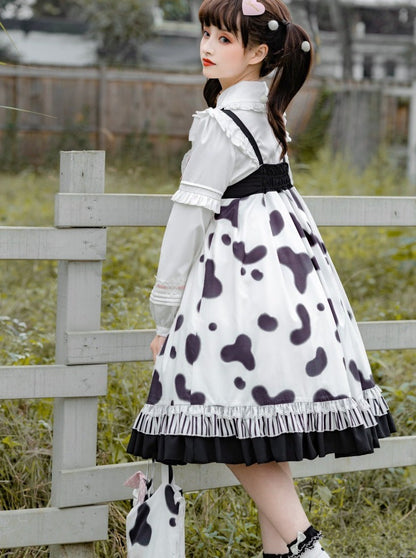 Fur Coat + Cow Suspender Skirt + Blouse