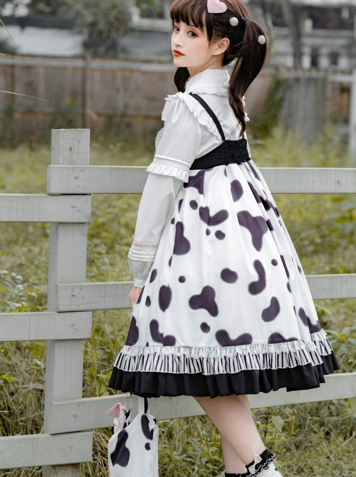 Fur Coat + Cow Suspender Skirt + Blouse