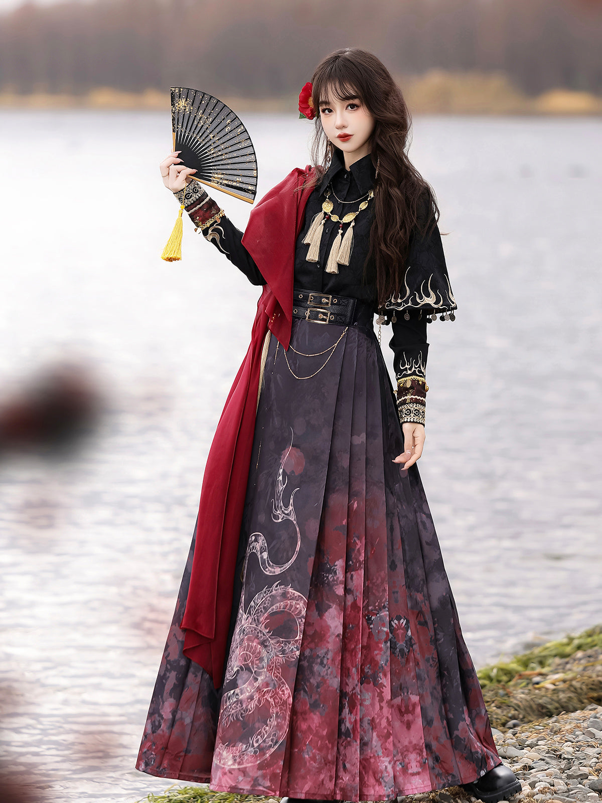 Fire China Long Coat + Top + Long Skirt