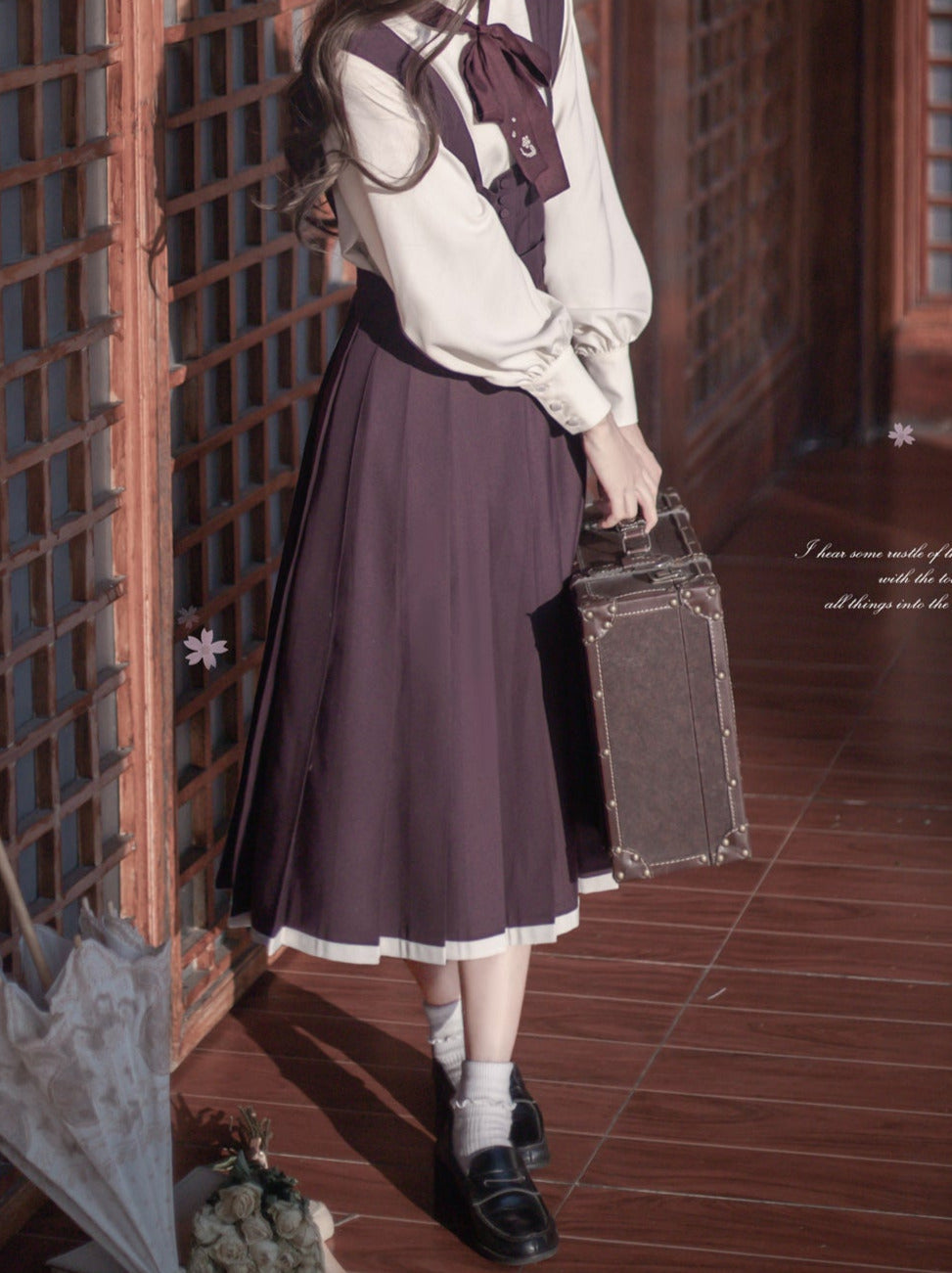 Retro Japanese-style Sleeve Knit Cardigan + Ruffle Stand Collar Shirt + Vest Dress + Ribbon + Corsage