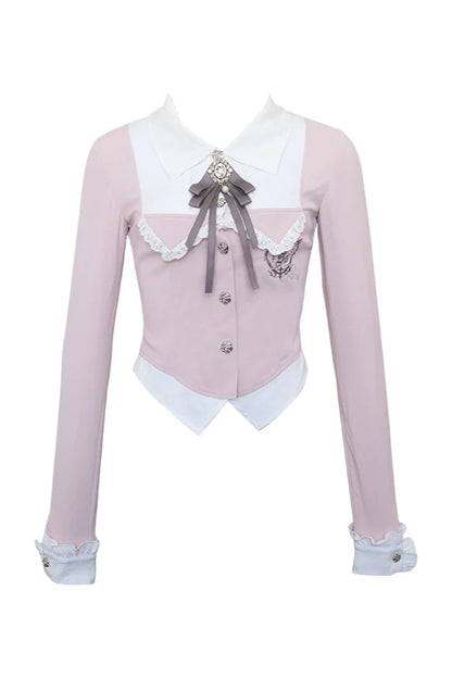 Sweet Sakura College Pink Faux Two-piece Shirt + Gray Pleated Skirt