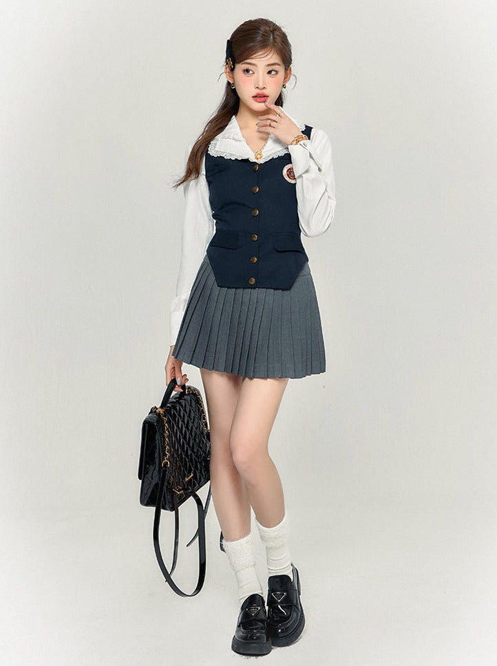 Slim Retro College Vest + Shirt + Pleated Skirt