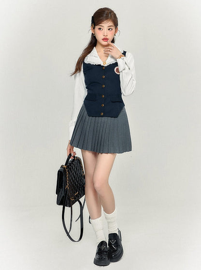 Slim Retro College Vest + Shirt + Pleated Skirt