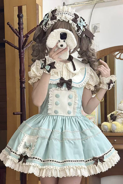[pre-order Item]chocolate Mint Sailor Collar Girly Maid Dress + Cake Hat