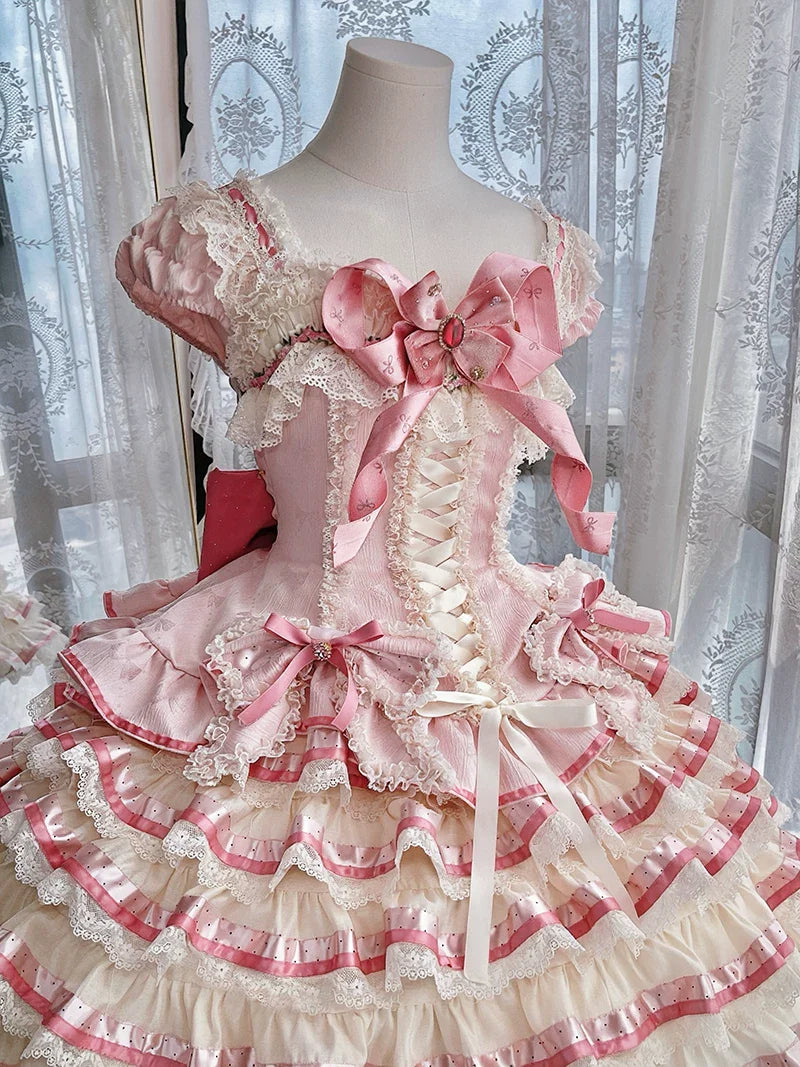 [pre-order Deadline: April 30] Sweet Pink Lolita Lace Ribbon Tiered Ruffle Princess Dress