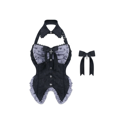 Dark Night Doll Black Print Patchwork Ribbon Top + Print Skirt