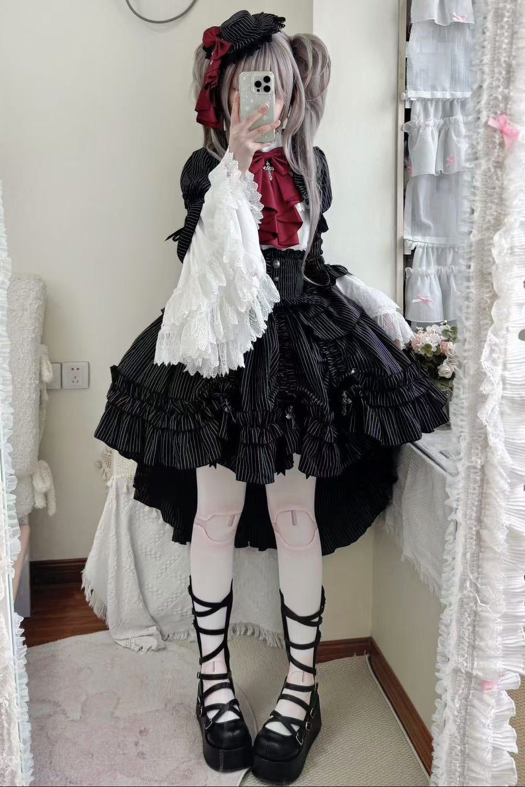 [pre-order Deadline: March 31] Cross Nocturne Gothic Dark Stripe Layered Top + Cross Rose Stripe Pull Up Skirt