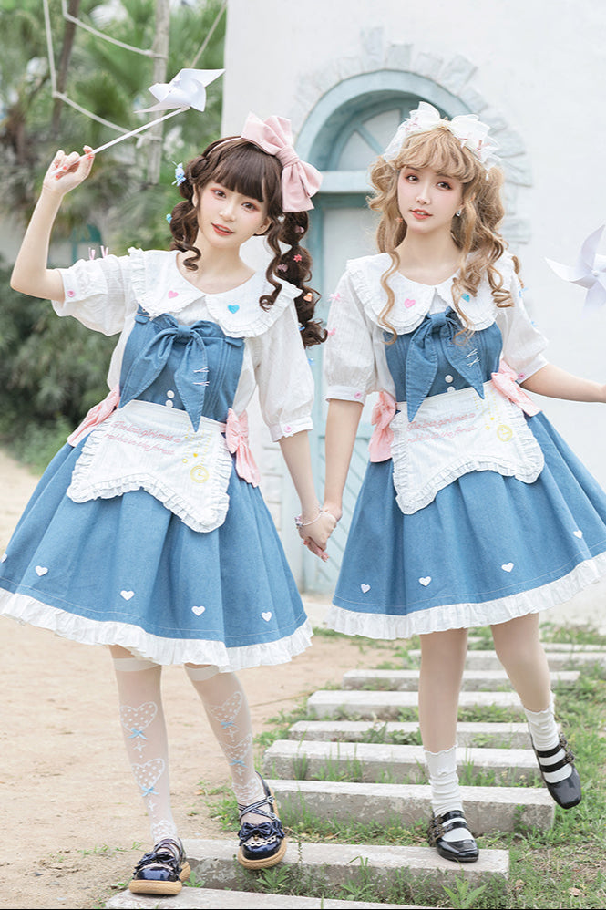 Light Raw Denim Lolita Jumper-skirt + Doll Innerwear + Apron